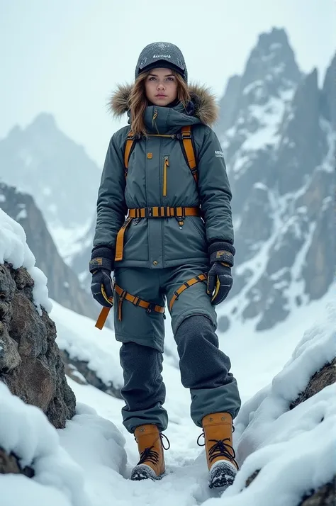 Very real image of a girl on a snowy mountain wearing a mountaineering costume HD