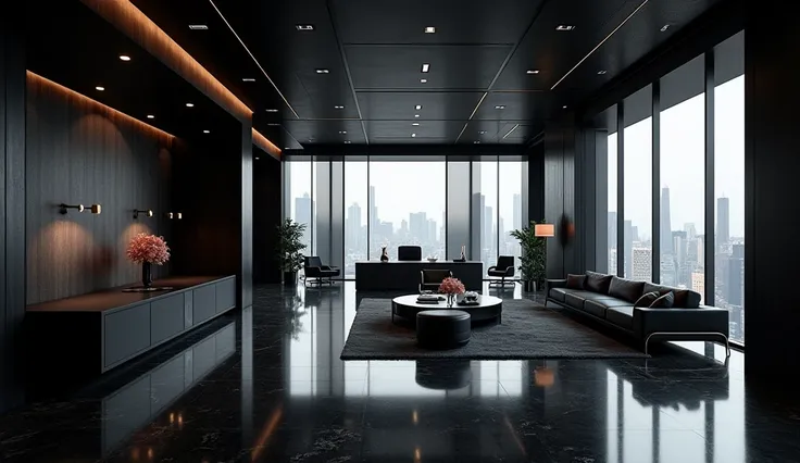 A large luxury black office without humans