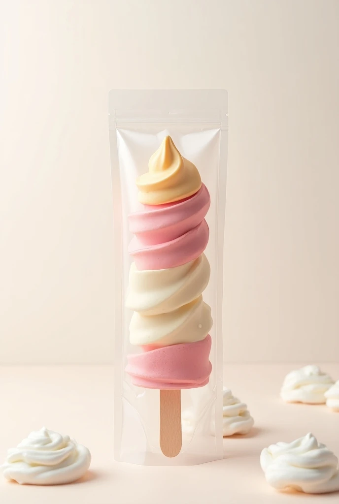  advertisement for yogurt ice cream in a transparent plastic bag quite narrow as a tube,  with the brand name  "creamy bolis"  of different flavors ,  without palette or cream . Like the bonice 