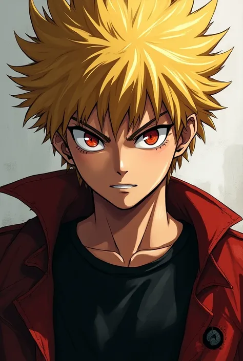 Katsuki Bakugo, a man with blond hair and slanted red eyes 