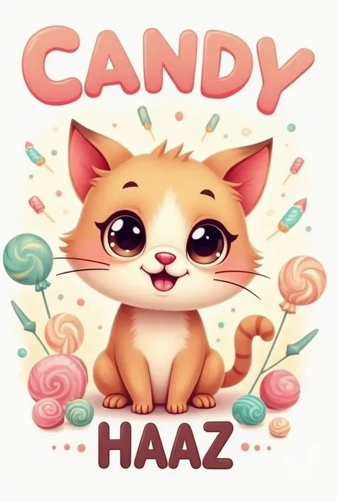 Generate a logo of a cute cat animated with a candy palette that says candy at the top and says HAAZ at the bottom
