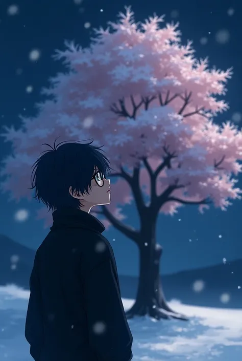  A Japanese teenager wearing a black sweater ,  under the snow looking directly at a cherry tree, at night, peeled navy blue a little messy ,  dark green and opaque eyes,  with black lenses, somewhat masculine ,  anime style 