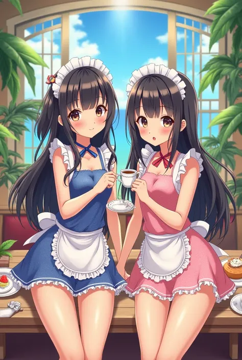    Beautiful Anime Girl  、Twin sisters in elementary school、Okinawa　Maid Swimsuit　  Tea party at the mansion