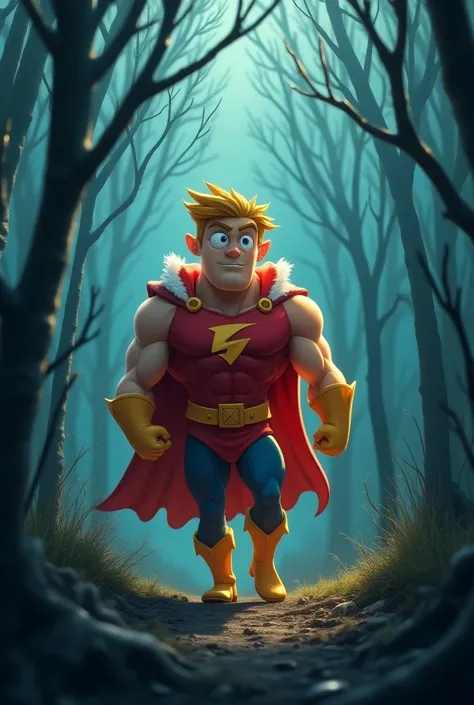 Gumawa Ng imahe na high angle camera shot Disney cartoon Ang atake "Kiel the great ay Isang Disney cartoon character na superhero, nagsimula maglakad papasok sa kagubatan, ang mga puno ay nagsimulang matuyo at ang hangin ay malamig at mabigat."