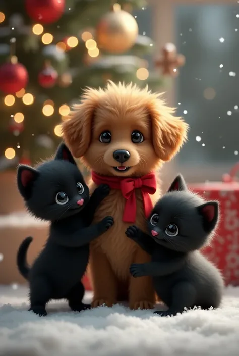 Two black Christmas kittens and a Christmas brown dog