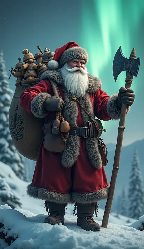 Scandinavian Viking Santa: Set against an epic fjord backdrop with the Northern Lights above, the burly, tattooed Viking Santa carries a sturdy sack of rugged fur and leather filled with carved wooden gifts and Viking memorabilia, including miniature drakk...