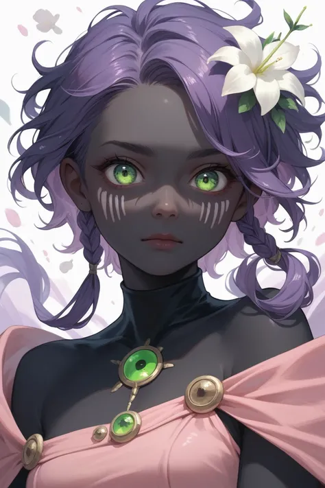  Create a villain with black skin , with purple hair, And the black upper part .  I want the environment to be dark and to have very light pink clothes and green eyes.  Her hair has to have some locks in front of her face , Just a few .  The villain must h...