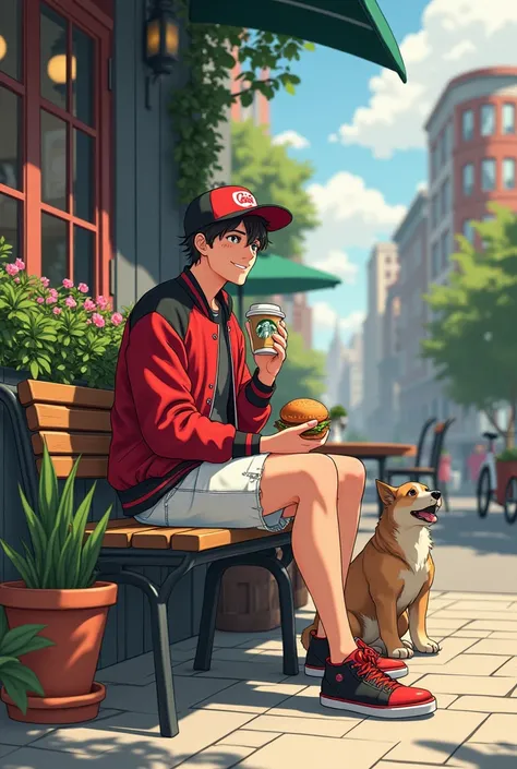 

1boy,sitting,bench、 Starbucks 、coffee、
 white cuttaws 、watch、[ red and black stadium jacket ]+、 damage jeans、 cap、Upper body drawing、smile、Open your mouth slightly、[ plants and dogs in front of the screen ]++、
[ wear cheek sticks ]+、[ eating hamburgers ]...