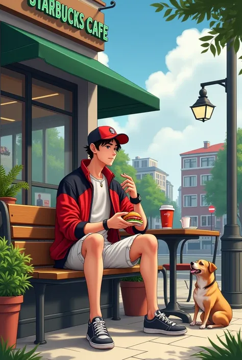 

1boy,sitting,bench、 Starbucks 、coffee、
 white cuttaws 、watch、[ red and black stadium jacket ]+、 damage jeans、 cap、Upper body drawing、smile、Open your mouth slightly、[ plants and dogs in front of the screen ]++、
[ wear cheek sticks ]+、[ eating hamburgers ]...