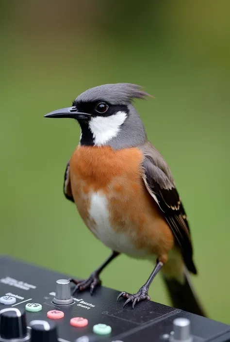  outdoor sound mixing table ,  perched a bird with a gray head and crown with a black band of white throat and reddish cinnamon on the back of the neck,  Light brown or whitish belly and chest , Black-stained brown back ,  Darker-toned wings and tail ,  Sh...