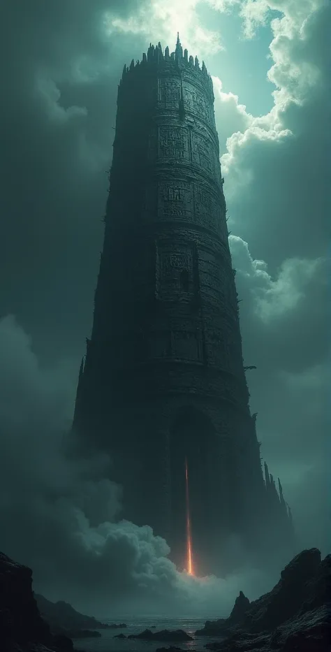 "A gargantuan, cylindrical Tower of Babel, its immense height stretching far beyond the clouds and into the very depths of space, its peak obscured by the infinite dark void above. The tower looms with terrifying presence, constructed from ancient, twisted...