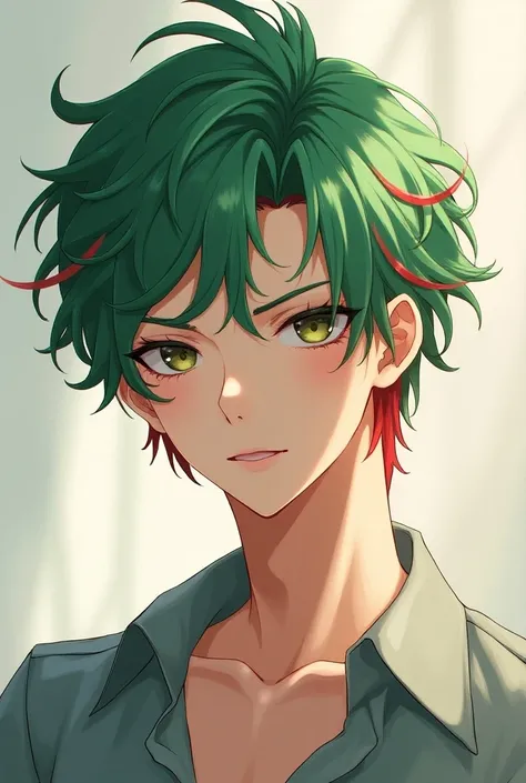 Beautiful male anime drawing is styling green red hair with beautiful color scheme 