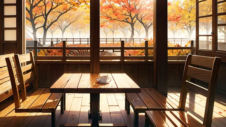 a cozy cafe in autumn, wooden bench and table, warm lighting, steam rising from coffee cups, vibrant autumn leaves, beautiful anime-style background art, highly detailed and photorealistic scene, lively and inviting atmosphere, beautiful autumnal color pal...