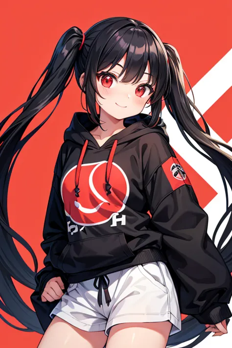  1 beautiful girl with pieces 　Shows up to the waist　 Black Long Hair 　 twin tails　Red eyes　Bright smile　yellow and white one-size-fits-all baggy hoodie