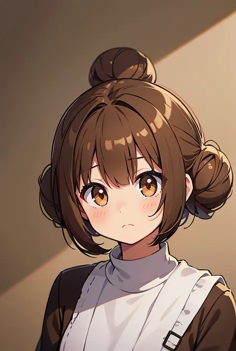   1 girl,  light brown hair ,   simple background,  bun hair, bangs, Slanted Eyes,  frowns , stupid laugh 