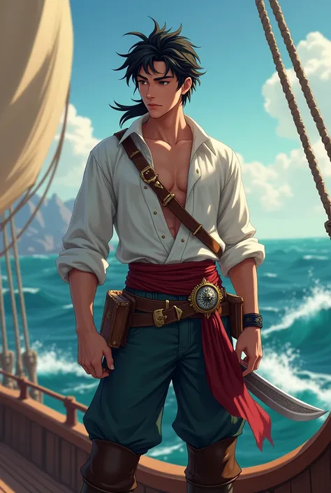 Create a teenage Asian pirate man with black hair and good people