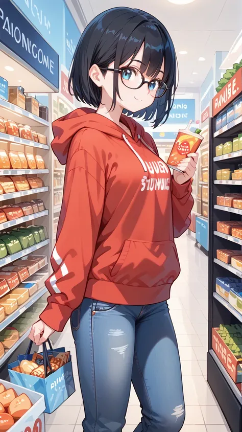 Black Hair,Glasses, hoodie,jeans,shopping,  Hi-Res, 最高quality, Accurate, 高quality, quality,    very detailed,
