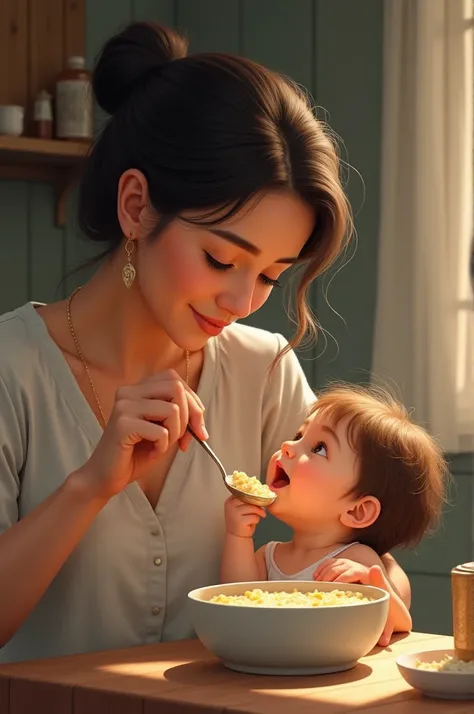 Mom molded baby eating porridge