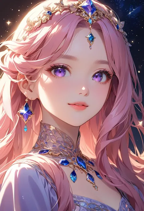 (Anime Style:1.3),  Rembrandts lighting , (masterpiece:1.2), (beautiful:1.2), (Best Quality), ( fine skin:1.3), ( Intricate Details), 1 female, Late teens, Transparent beauty,  Fantasy,  face focus ,  her eyes are dark purple ,  like a star shining in the ...