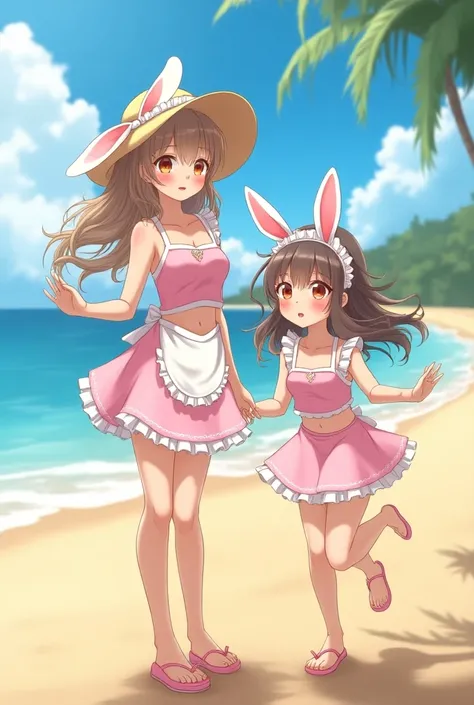 Anime Cute Girls Mom and Twin Sister Rabbit Swimsuit Maid Katyusha　 sunburned skin from before