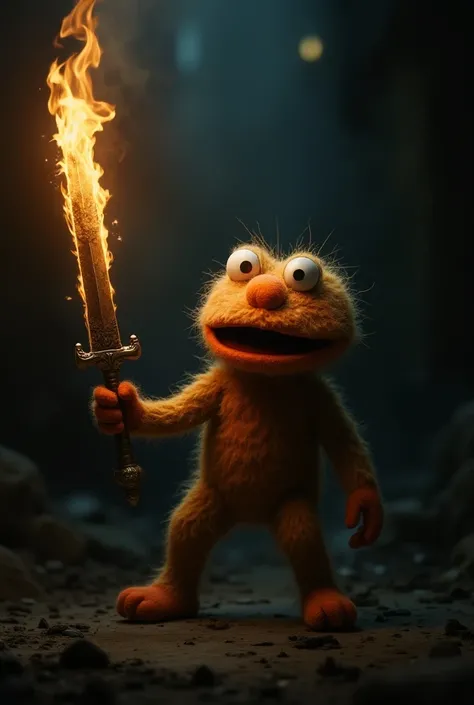 A muppet wielding a cursed sword covered in fire