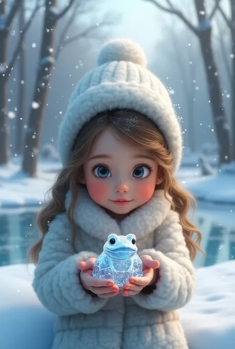 A cute girl with a ice frog at winter 