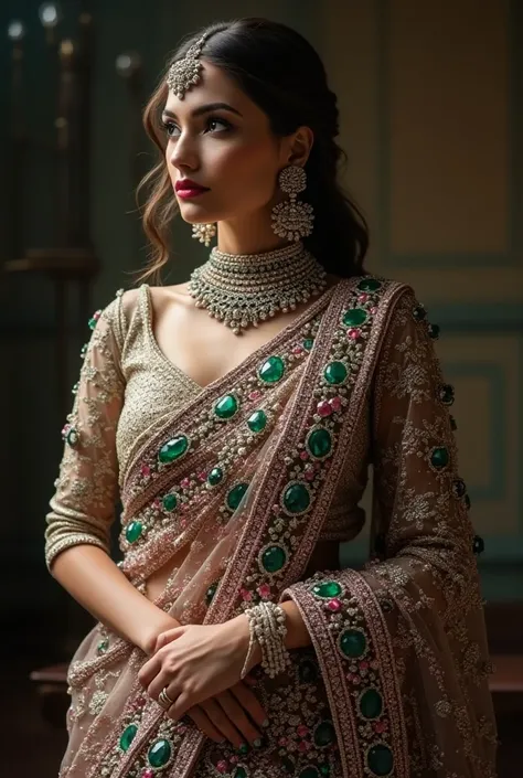 Show me an Indian saree made fully out of diamond i just want to see the saree no person should be involved in that picture  add more diamonds in it 

Now in that saree add black diamonds, emrald, ruby, pink diamond and all the other prescious stones make ...