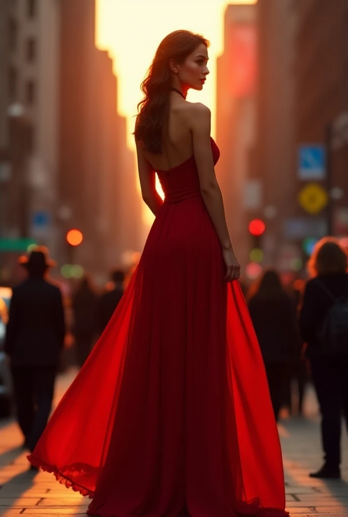 A model frant facing in beautiful red dress, his under garments are seen throughout the dress, blue eyes, dark brown hair ,a red sun behind her, in a croud everyone looking her. she play voilene in streets in evening, behind many tall buildings are there l...