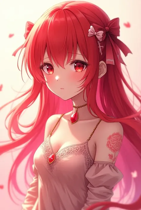 Anime girl with red hair and red eyes with bows in hair and dress