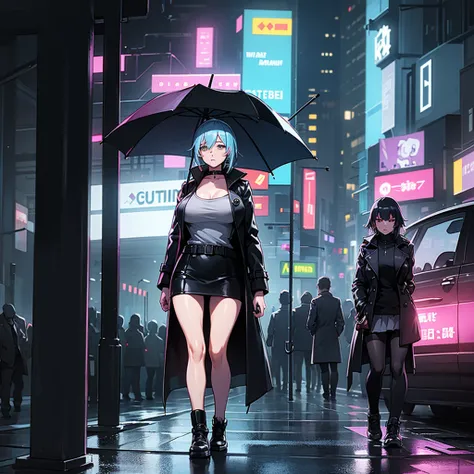  Girl in a trench coat , mini skirt,  big breasts shirt, Walking in the shadows of people, Bring an umbrella in your hand, cyberpunk, neon lights, future, Midnight 