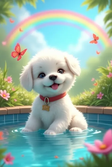 Fresch Pool white fluffy male dog with a tender face sitting in a landscape full of butterflies and back in the sky a beautiful rainbow wearing a bony collar with the name “Terry”