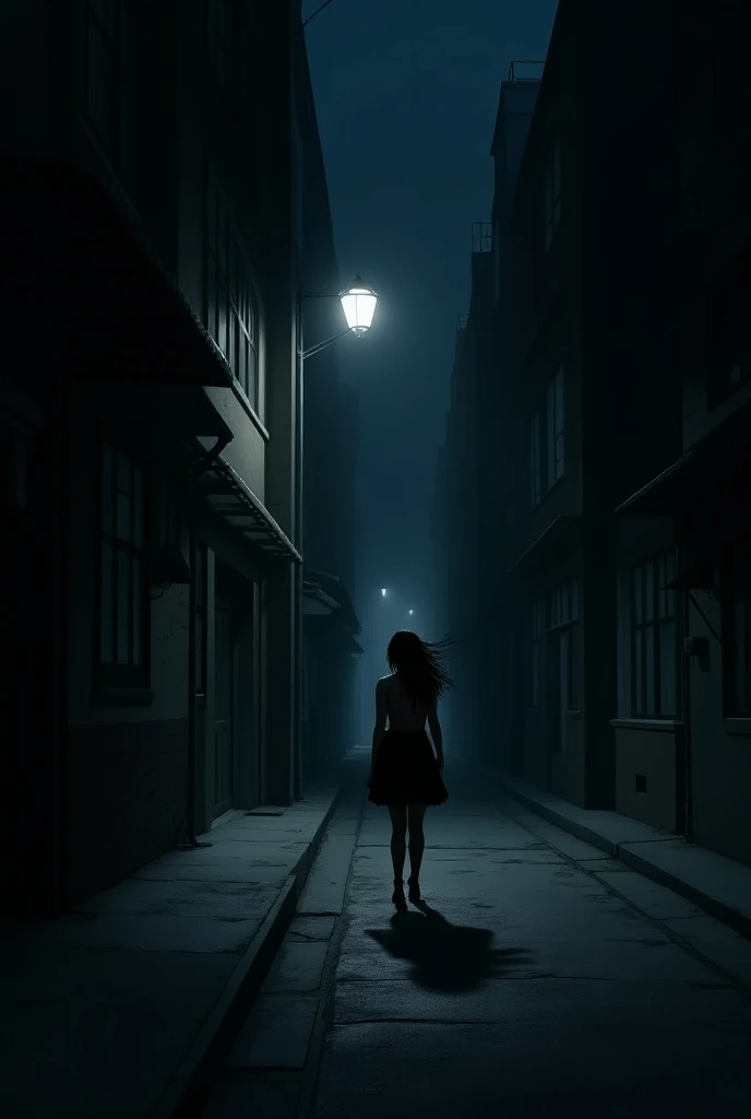 A dark city street at night, with a lone young woman walking, illuminated by a single streetlight. The scene is eerie, with shadowy alleys and a sense of suspense."