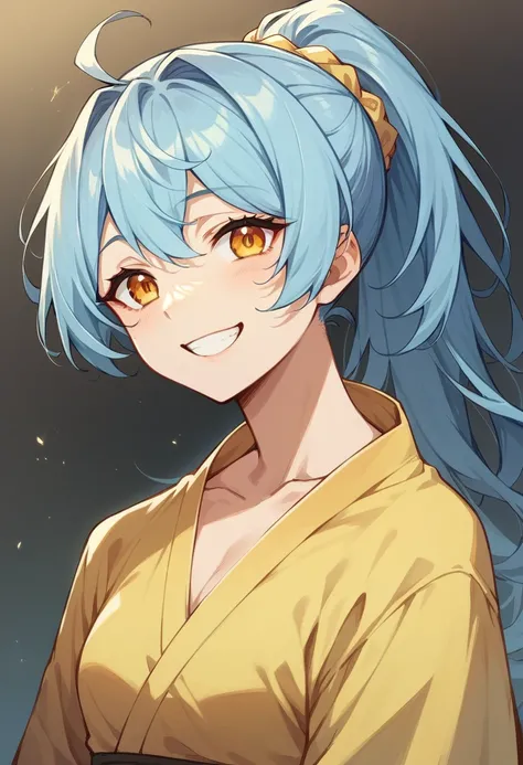 Light blue hair、 ponytail、Golden Eyes，Yellow Robe，smile、smile、 innocent、