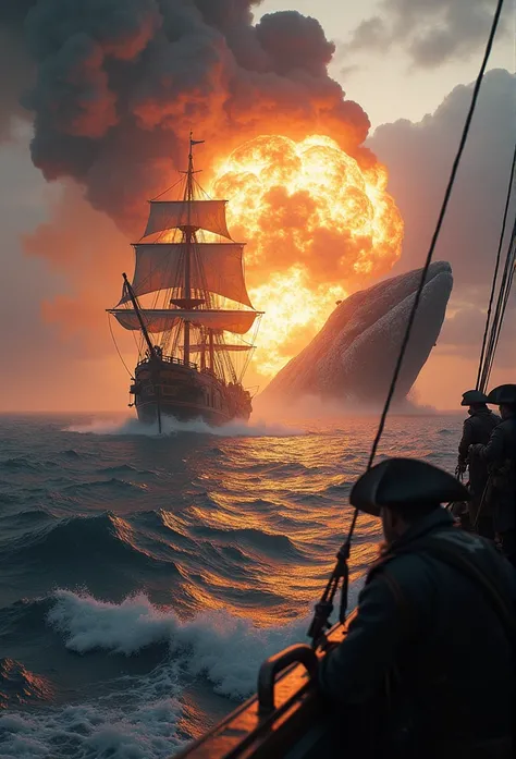  pirate ship attacks merchant ship  (time) (1718), cannon fire , Violent explosion,  Smoke Filled Skies ,  sinking ship ,  Pirates on Deck , early morning,  whale jumping out of water , ( Very Detailed:1.3) 極端な詳細,   volume god raise , Realistic, 8k resolut...