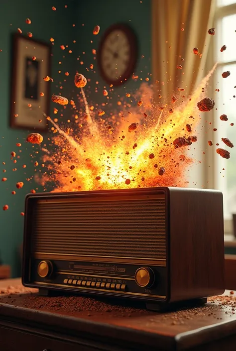 (photorealism:1.2), Close-up of a 1950s-style radio with a meteorite smashing into it, debris flying, capturing the impact just before it bounces towards Ann Hodges.