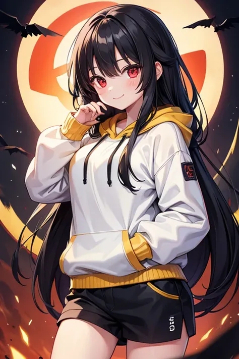  1 beautiful girl with pieces 　Shows up to the waist　 Black Long Hair 　Red eyes　 bewitching smile　yellow and white one-size-fits-all baggy hoodie