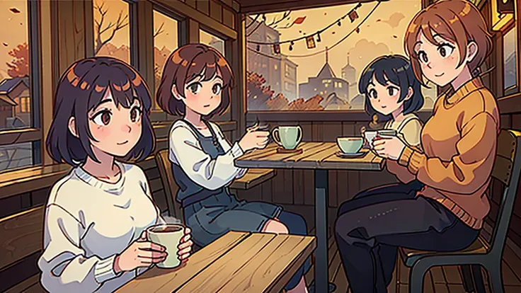 a cozy cafe in autumn, wooden bench and table, warm lighting, steam rising from coffee cups, vibrant autumn leaves, beautiful anime-style background art, highly detailed and photorealistic scene, lively and inviting atmosphere, beautiful autumnal color pal...