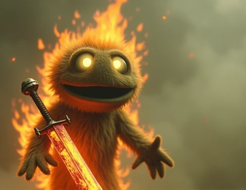 A muppet covered in fire wielding a cursed sword covered in blood red aura