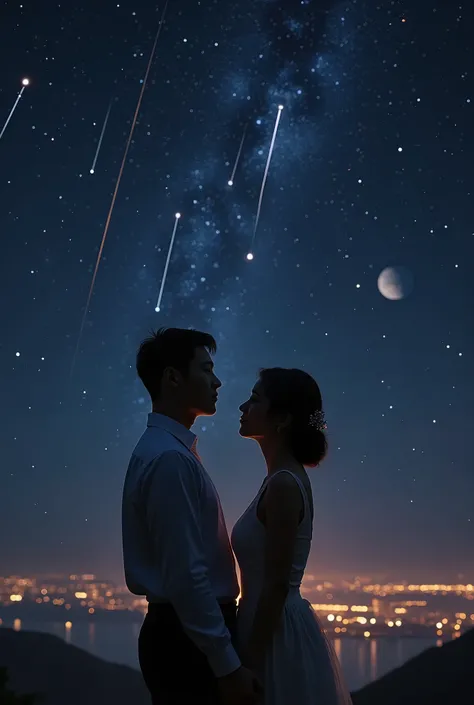 a couple looking at a meteor shower, pointing fingers, "wishing upon a star", detailed couple portrait, beautiful night sky, meteor shower, glowing stars, soft lighting, romantic atmosphere, dramatic sky, cinematic lighting, elegant poses, tender gestures,...