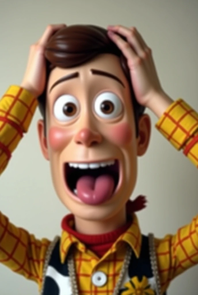 Woody, he is shocked, hands on his head, clear expression being super happy. His nose is wrinkled , his furrowed eyebrows and his mouth open shows his tongue out, details, stunning Realistic photography