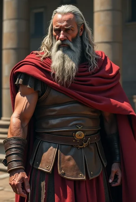 Man with tunic from the 1st century, Long beard, hairy, strong, standing, He is beating a Roman, Roman weak from being beaten so much, serious face, cold and calculating, Long, white hair, Beard, Cold, . gta 6 style
