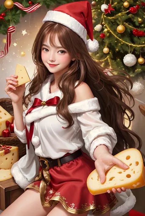  1 girl, Holding cheese in hand ,chest, smile,  ahe face, Santa hat, Super detailed,  Blushing , bronze hair with cheese,  Hi-Res, Long Hair, 