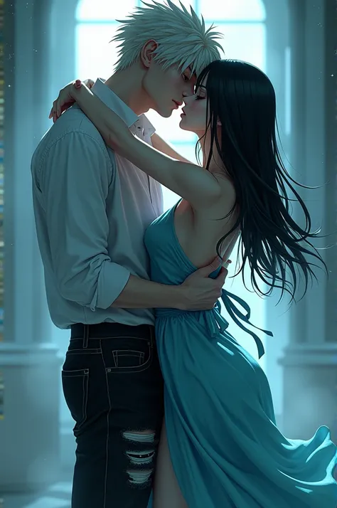 A Sukuna from Jujutso Kaisen wearing ripped black jeans and a white shirt kissing a woman with long, straight black hair and a baby blue dress tied to her body*