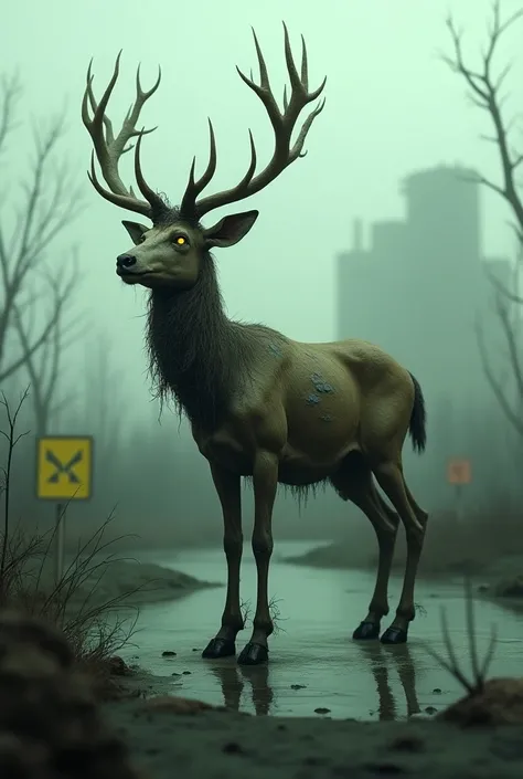 "In a barren, toxic marshland, a mutated, zombie-like deer stands by a shallow pool of murky, greenish water. Its antlers are twisted and covered in a sickly growth, while patches of skin hang loosely from its emaciated body, revealing exposed bones beneat...