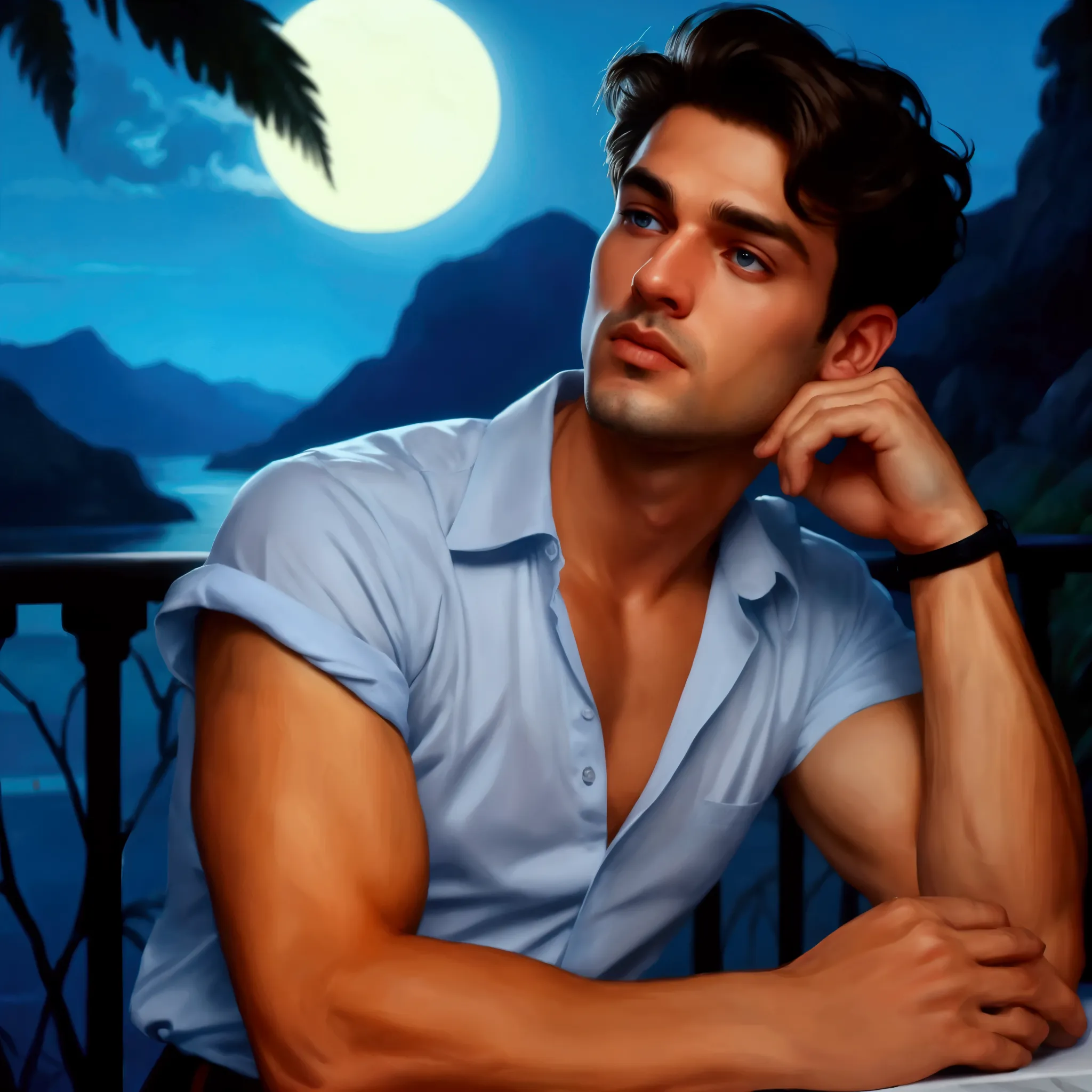 painting of a man sitting at a table with a view of the ocean, handsome stunning realistic, romance novel cover, moon behind him...