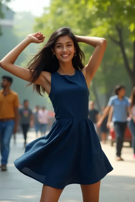 A Indian college girl in sleeveless dark blue Western dress  swinging her arms in air showing her armpits 