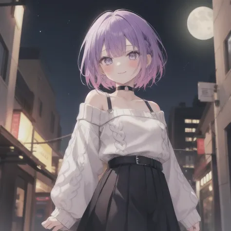   1 girl, Purple Hair,Bob Hair,   medium breasts,( white sweater:1.4),  off-shoulder sweater that bends from the waist, perfect knit sweater  ,  gray skirt  ,  black choker ,black belt,Oblique eyes, light purple eyes,  Blushing ,  close your mouth, happine...