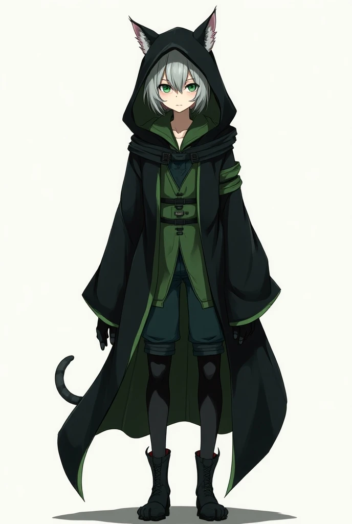  Full body image, manga style, where there is a man, Half human and half male feline, with short gray hair ,  green-eyed,  tall and thin physique , hooded face with a serene look and a serious face,  wearing ninja robe with ninja cap in black with green de...