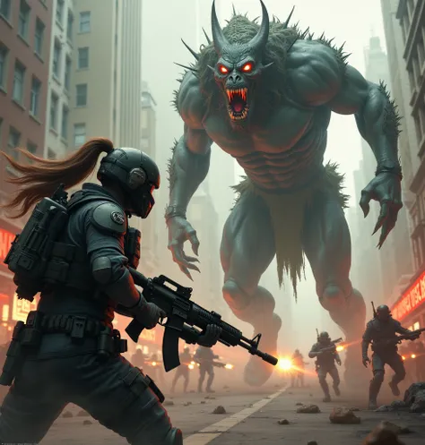 Female Trooper fighting a demon in a city full of troopers and demons fighting