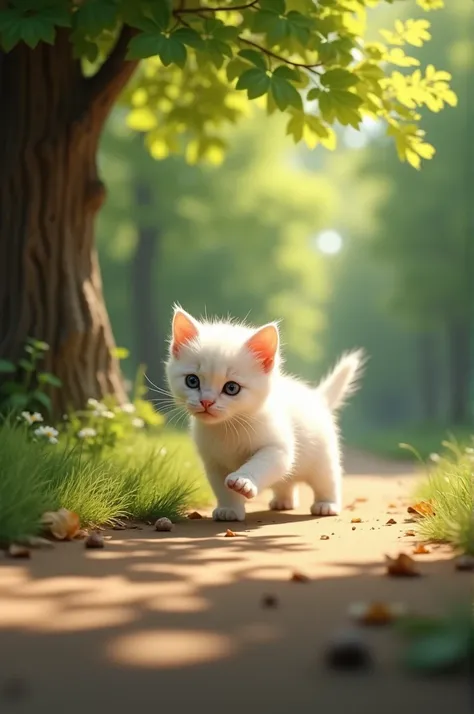  A cute white kitten runs under a tree ,  trying to catch the shadows of the leaves that move on the ground.  He makes several quick and funny movements , with his paws trying to capture the shadows ,  while his curious gaze follows each movement .  realis...